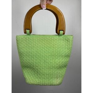 Talbots Green Woven Straw Tote Bag Wood Handles Green‎ Summer Beach Purse Tiki